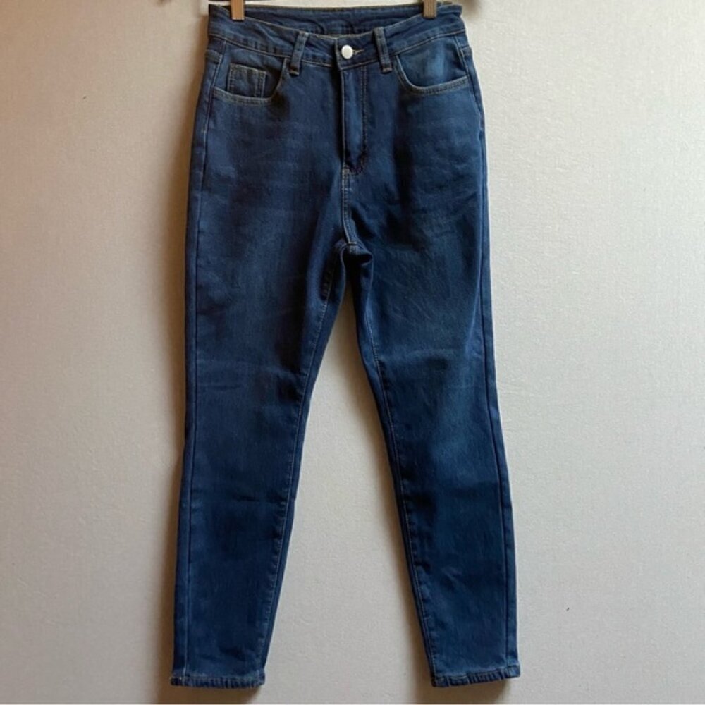 High Waisted Fleece Lined Blue Denim Tapered Leg Jeans Women's 28 M